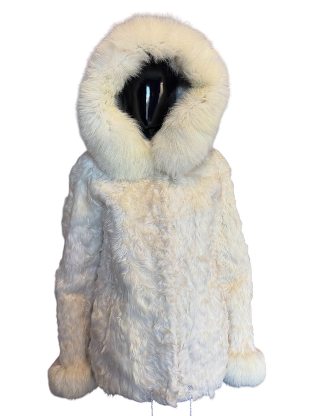 Luxury white curly sheep fur coat jacket with arctic fox hood